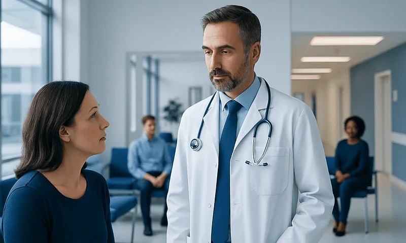 Doctor consulting a patient in a hospital corridor with staff in the background.