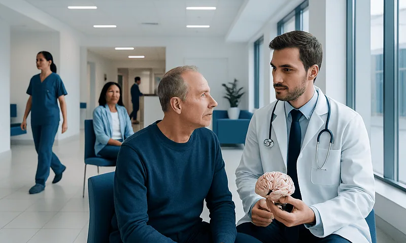 Neuropsychiatrist consulting with a patient in a hospital setting.