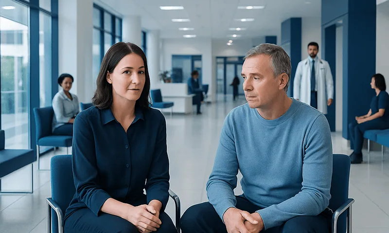 Therapist listening to patient in a modern hospital waiting area.