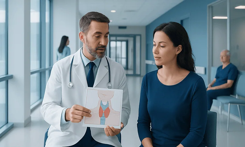 Endocrinologist explaining thyroid diagram to patient in hospital corridor.