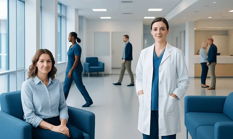 Modern hospital waiting area with medical staff and patients.