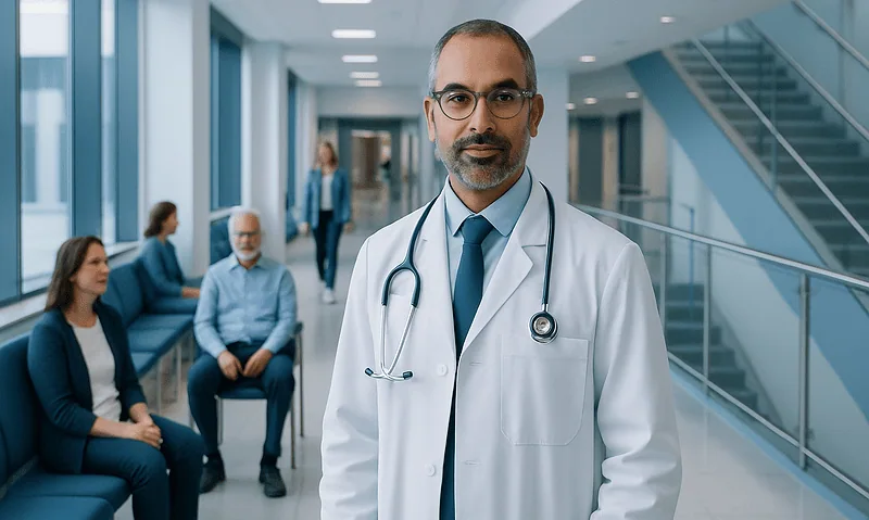 Endocrinologist in hospital corridor with patients in background.