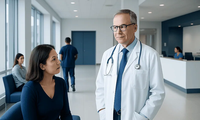 Endocrinologist consulting with a patient in a hospital lobby.