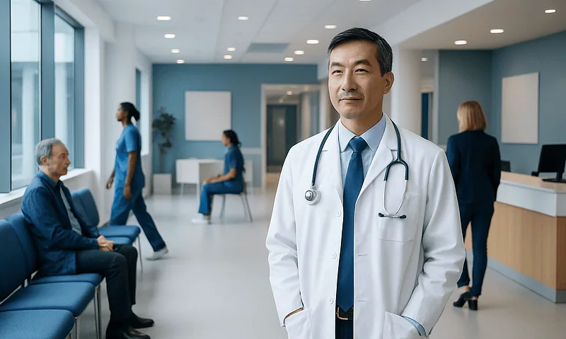 What Is an Oncologist? Roles, Training, and Care 12 Doctor in hospital waiting area with patients and staff.