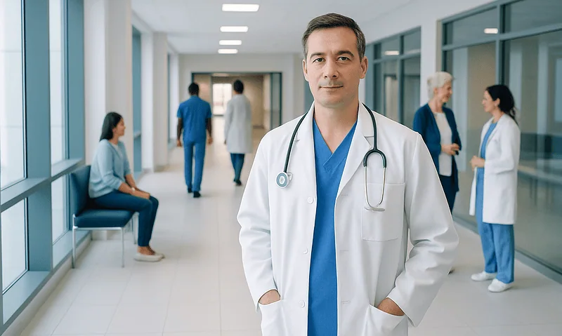 What Is an Orthopedic Surgeon? Training, Procedures, and Patient Care 7 Orthopedic surgeon in hospital corridor with medical staff and patients.
