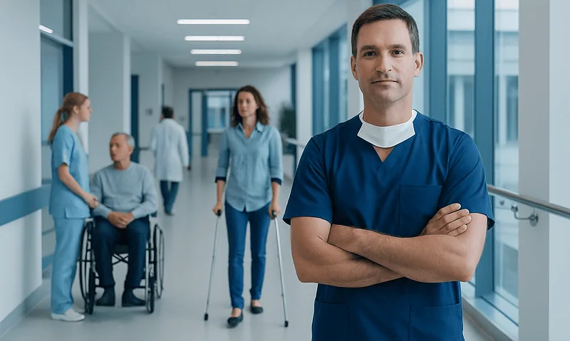What Is an Orthopedic Surgeon? 8 Orthopedic surgeon in hospital corridor with medical team in background.