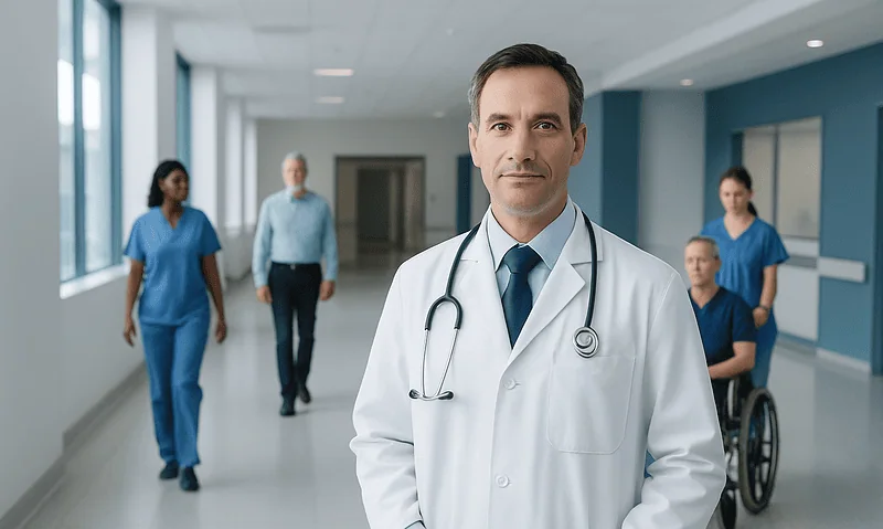 What Is an Orthopedic Surgeon? When Surgery Is Recommended 16 Medical team in hospital corridor with doctor in foreground and nurses and patient in background.