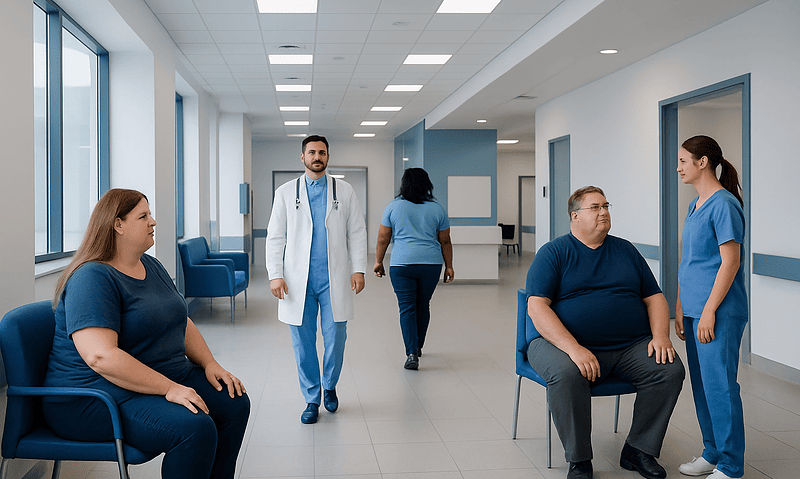 Patients waiting in a hospital corridor with medical staff attending to them.