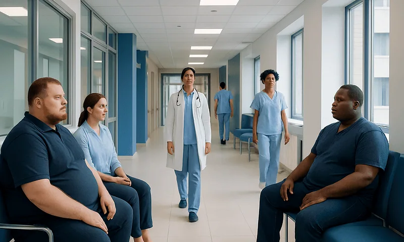 Patients waiting in a hospital corridor with medical staff present.