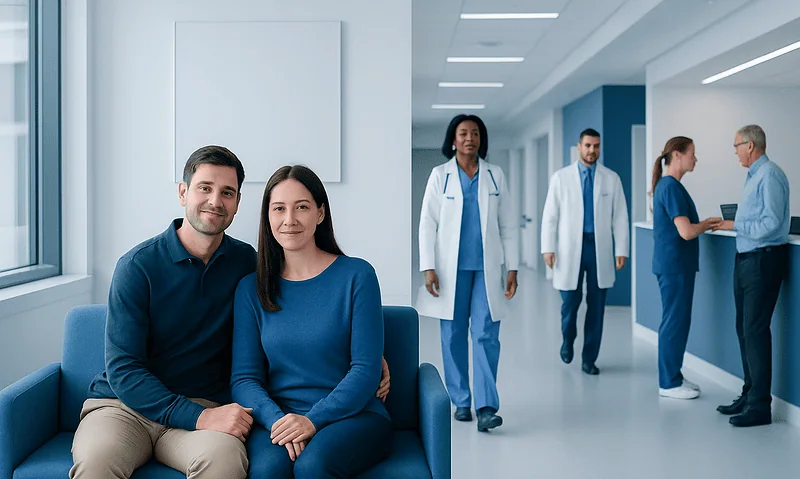 Happy couple waiting in a hospital corridor at Acibadem Hospitals Group.