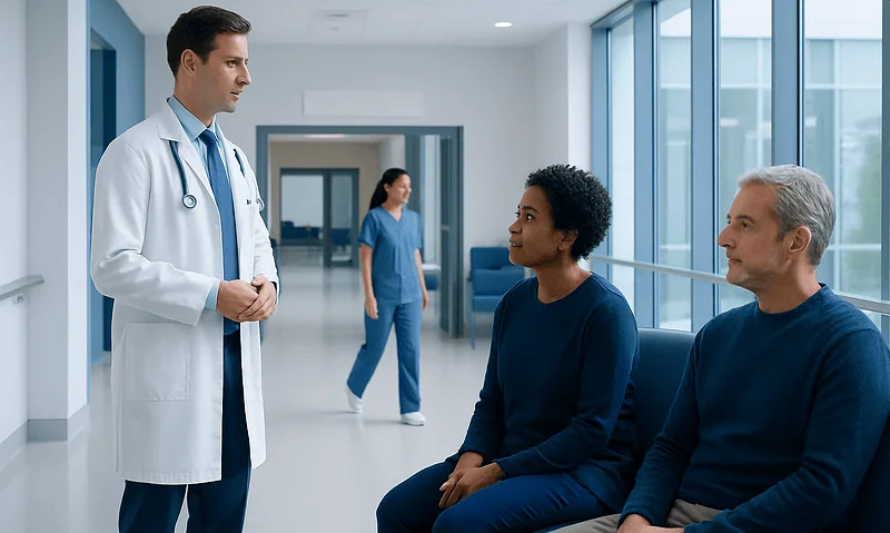 Doctor consulting with two patients in a hospital corridor.