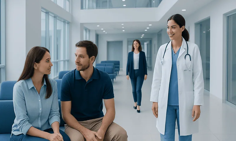 Fertility consultation at Acibadem Hospital with doctor and couple.