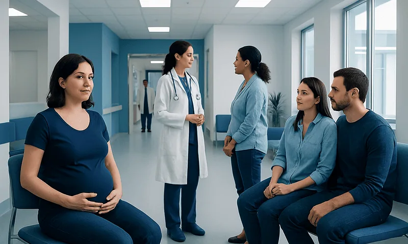 Pregnant woman at a hospital waiting area with medical staff and visitors.