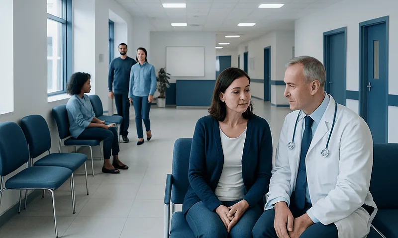 Doctor consulting with a patient in a hospital corridor.