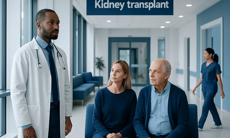 How Much Does a Kidney Transplant Cost? 2 Patient consultation at a kidney transplant center with medical staff and a doctor.