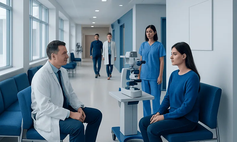 Doctor performing eye examination on patient at Acibadem Hospital.