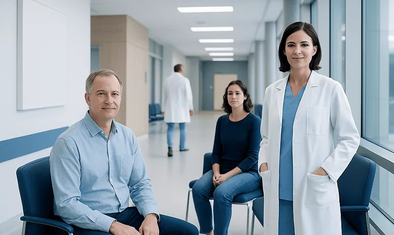 Medical professionals and patient in a hospital corridor.