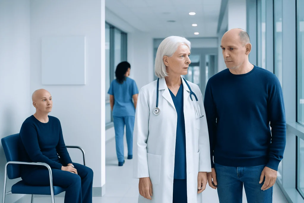 Malignant Cancer: What Malignant Means 1 Doctor consulting with patient in hospital corridor with a young girl waiting nearby.