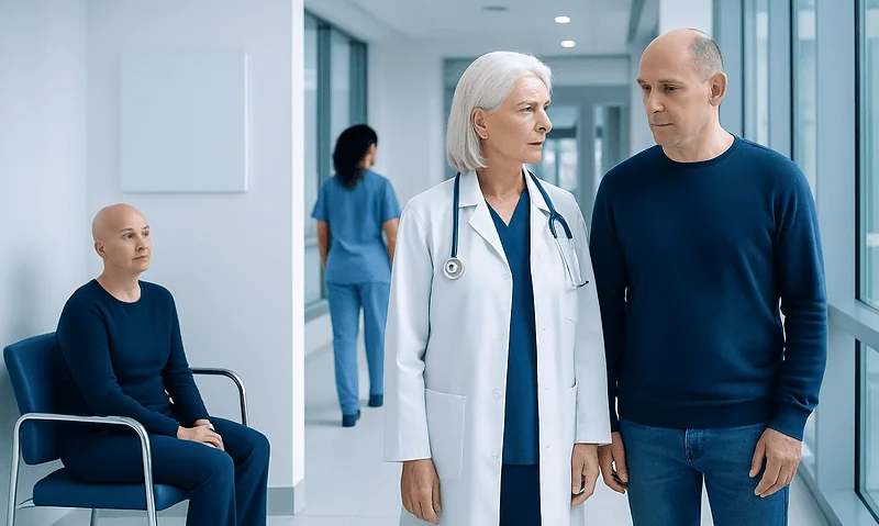 Doctor consulting with patient in hospital corridor with a young girl waiting nearby.