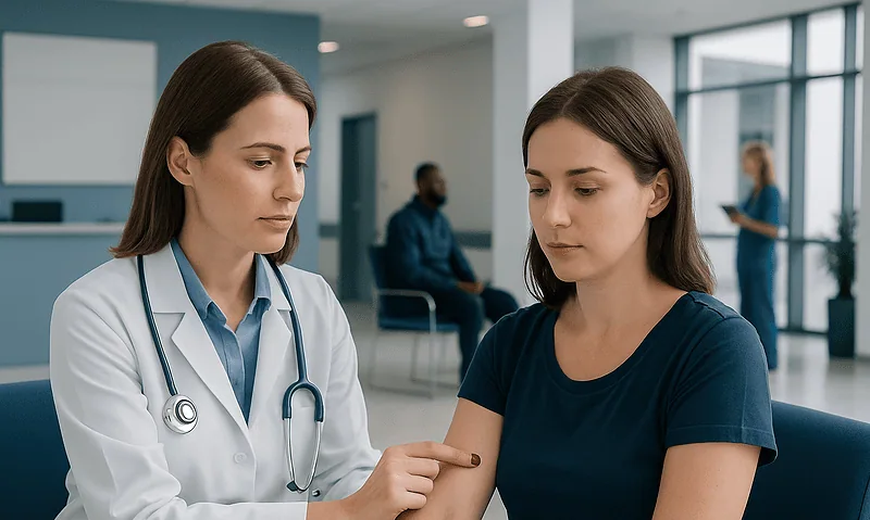 Doctor examining a patient's arm in a modern hospital setting.