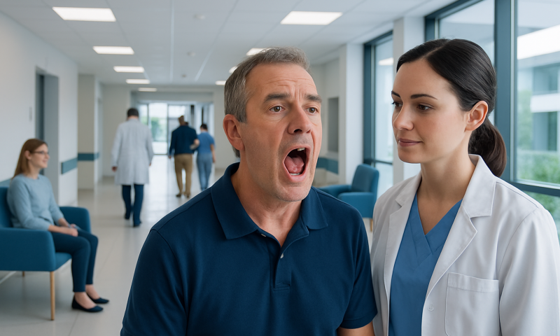 What Does Mouth Cancer Look Like? Symptoms to Spot 16 Patient showing mouth pain to healthcare professional in hospital corridor.