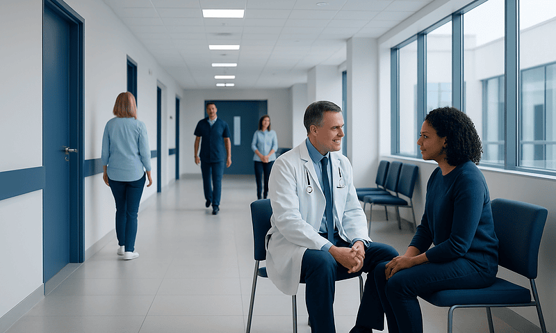 Doctor consulting with a patient in a modern hospital corridor.