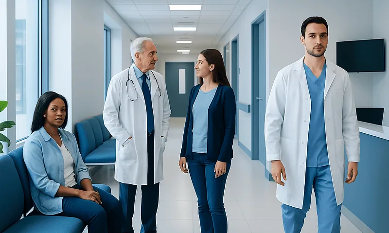 Medical team in hospital corridor discussing patient care.