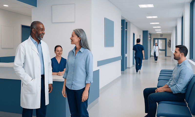 Healthcare professionals and patients in a modern hospital corridor.