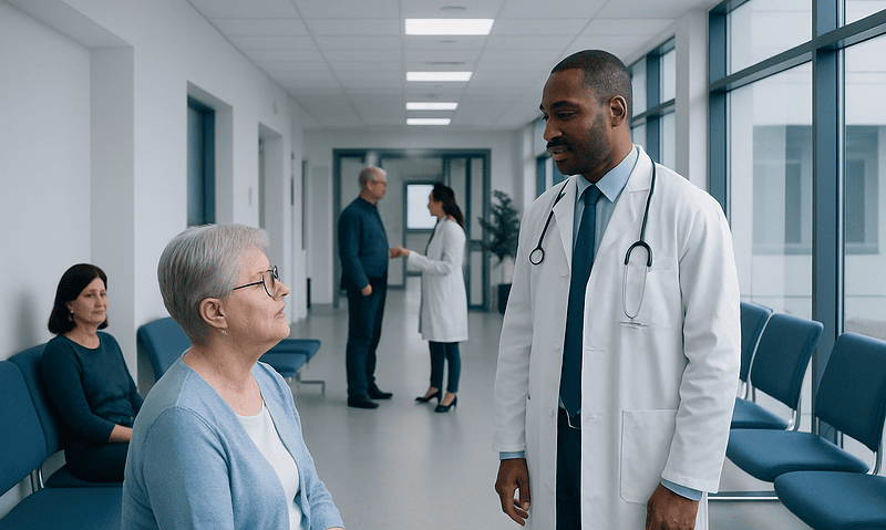 What Does Oncology Mean? A Simple Patient Guide 3 Doctor consulting elderly patient in hospital corridor.