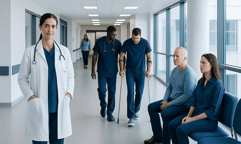 Medical team with patients in a hospital corridor at Acibadem Hospitals Group.