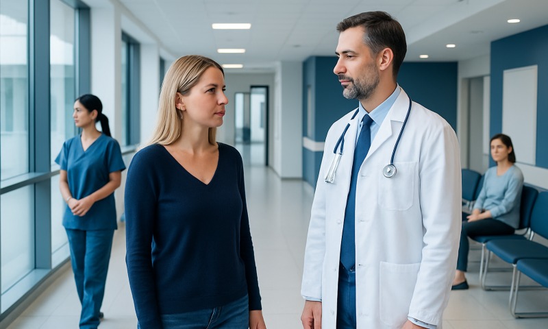 Doctor consulting a patient in a modern hospital corridor.