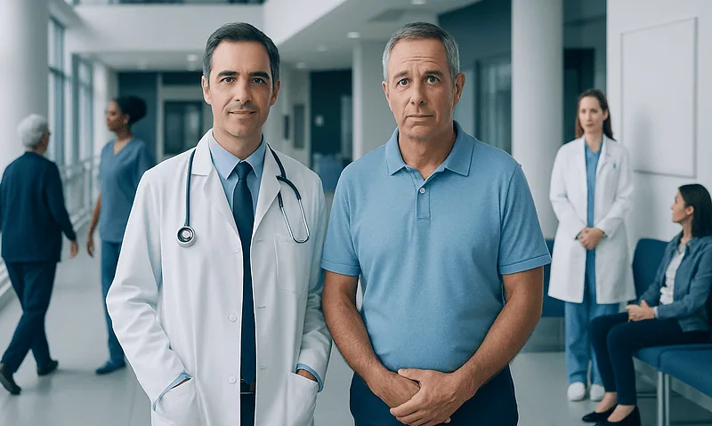 Doctor and patient in hospital corridor, healthcare professionals in background.