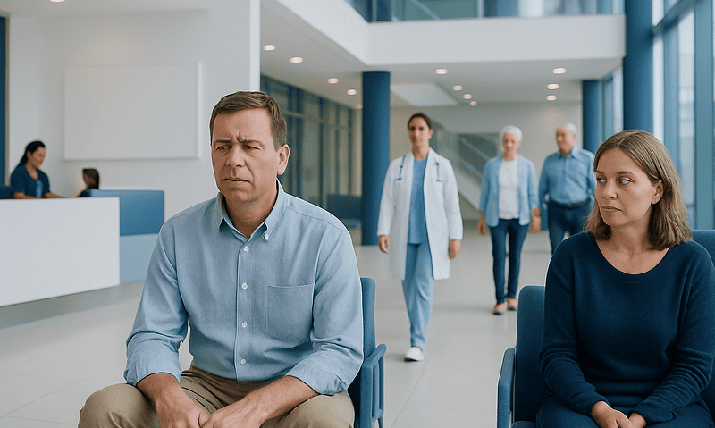 Patients waiting in a hospital lobby with medical staff in the background.