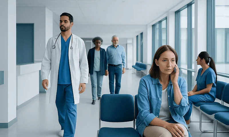 Patient experiencing double vision in a hospital corridor with medical staff nearby.