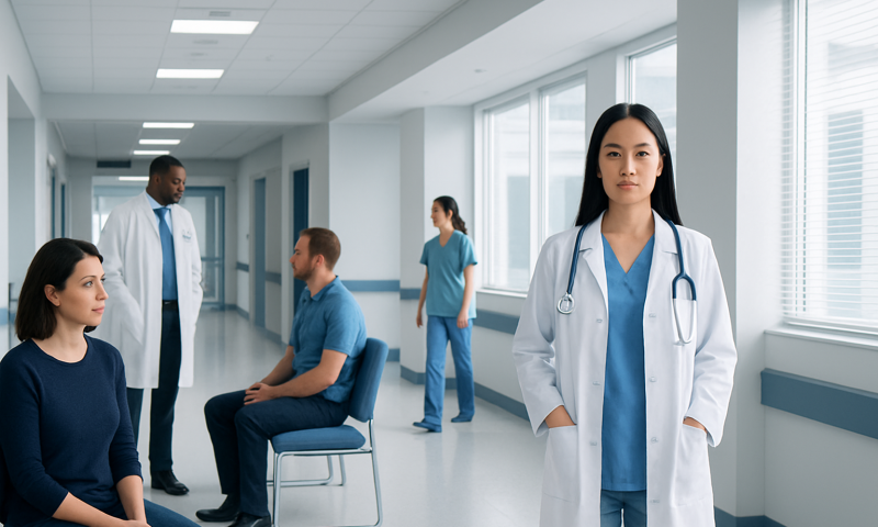 Healthcare professionals and patients in a hospital corridor.