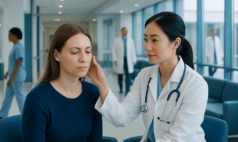 Doctor examining a patient's face in a modern hospital setting.