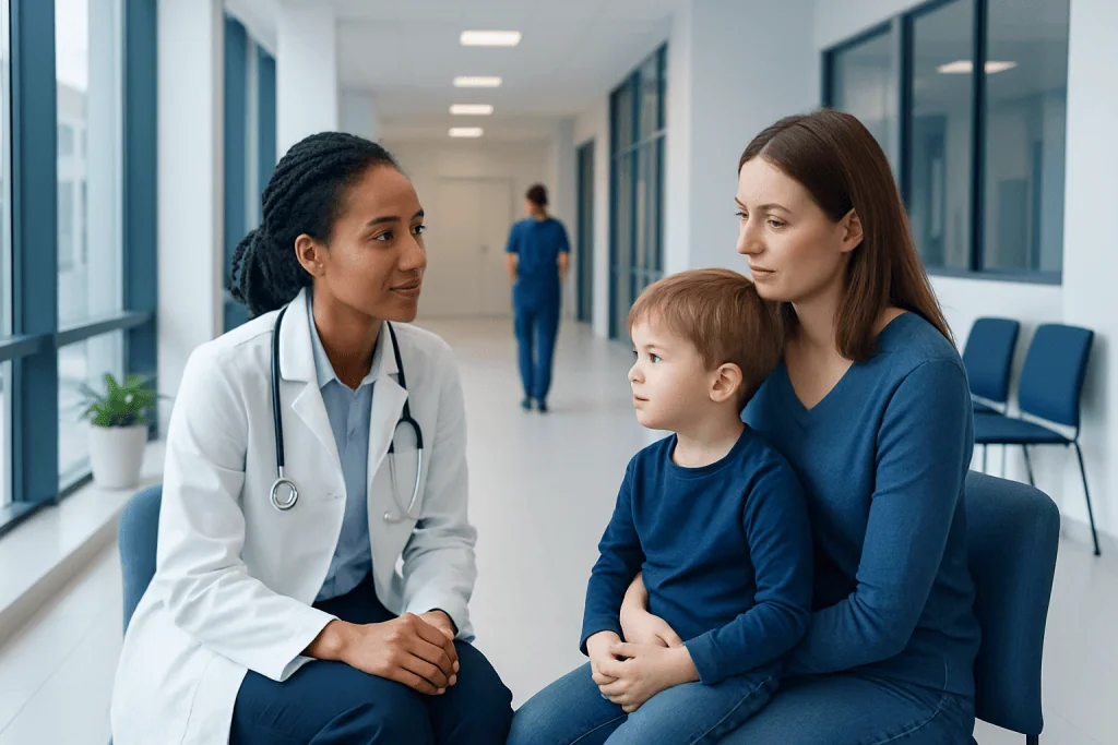 Ear Tubes for Children: Who Needs Them and What to Expect 1 Pediatric consultation at Acibadem Hospital with doctor and mother.