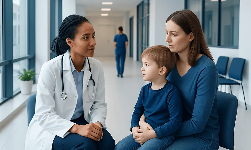 Pediatric consultation at Acibadem Hospital with doctor and mother.