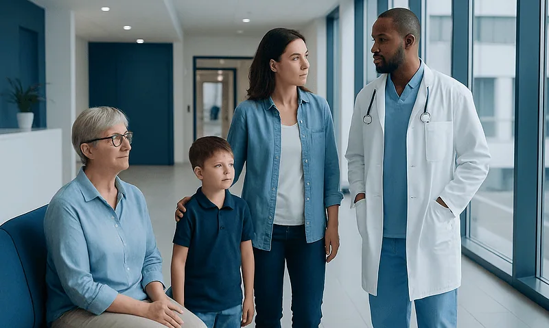 How Ear Tubes Drain Fluid and Relieve Repeated Ear Infections 24 Doctor consulting with family in hospital corridor.
