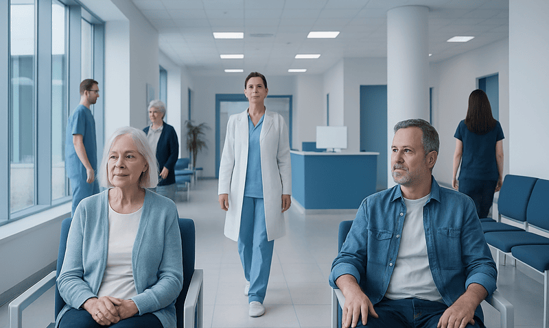 Patients waiting in a modern hospital corridor with medical staff nearby.