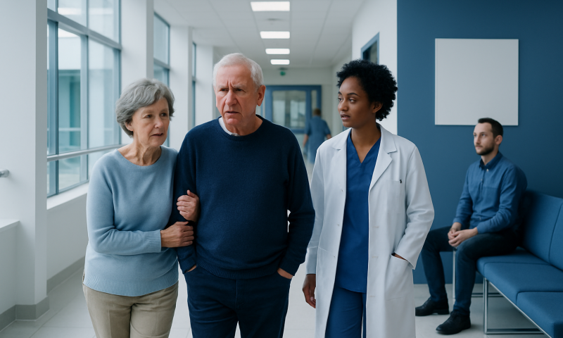 Elderly woman and man with healthcare professional in hospital corridor.