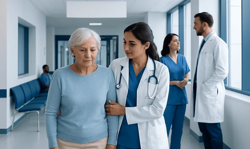 Healthcare professionals assisting elderly patient in hospital corridor.