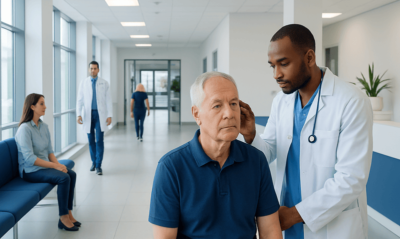Doctor examining elderly patient in hospital corridor.
