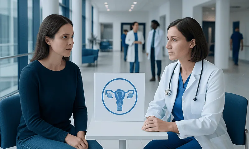 Doctor consulting a patient in a modern hospital lobby with reproductive health symbol.