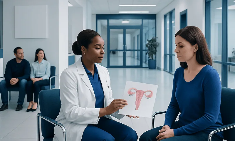 Health Library 4 Doctor explaining uterine health to a patient in a modern clinic setting.