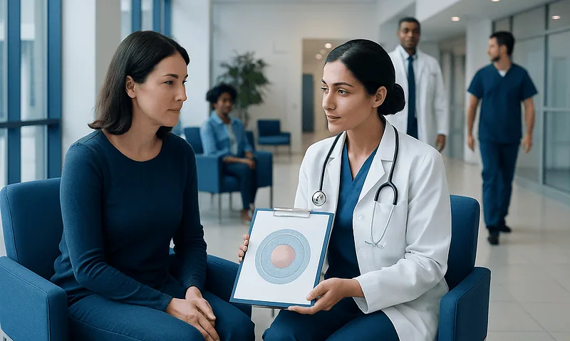 Doctor explaining egg freezing process to patient in hospital.