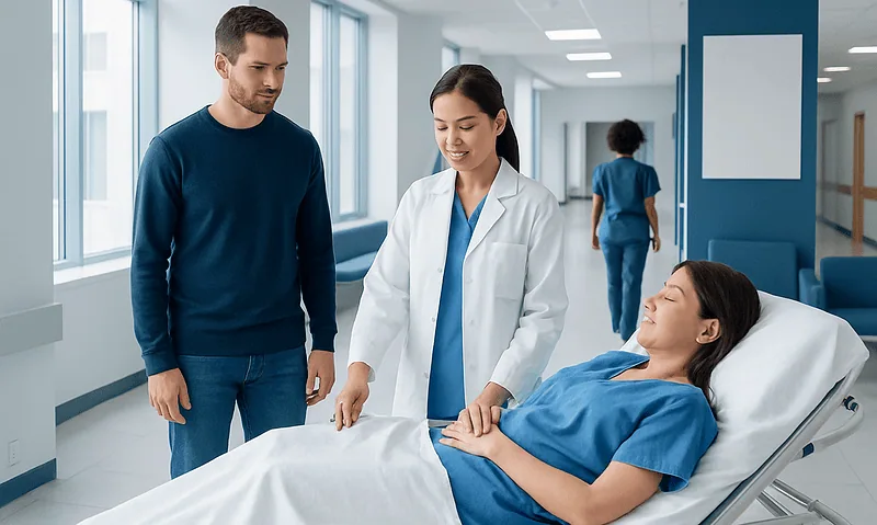 Fertility specialist discusses egg retrieval process with patient and partner.
