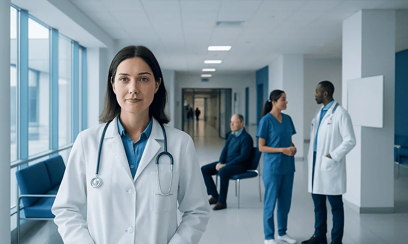 How Electronic Medical Records Support Safer, Faster Care 17 Healthcare professionals in a modern hospital corridor with a female doctor in the foreground.