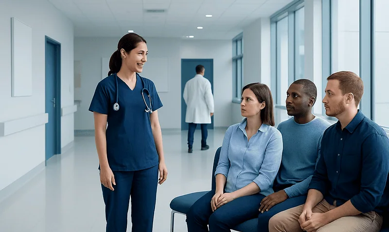 Healthcare professional talking to patients in a hospital corridor.