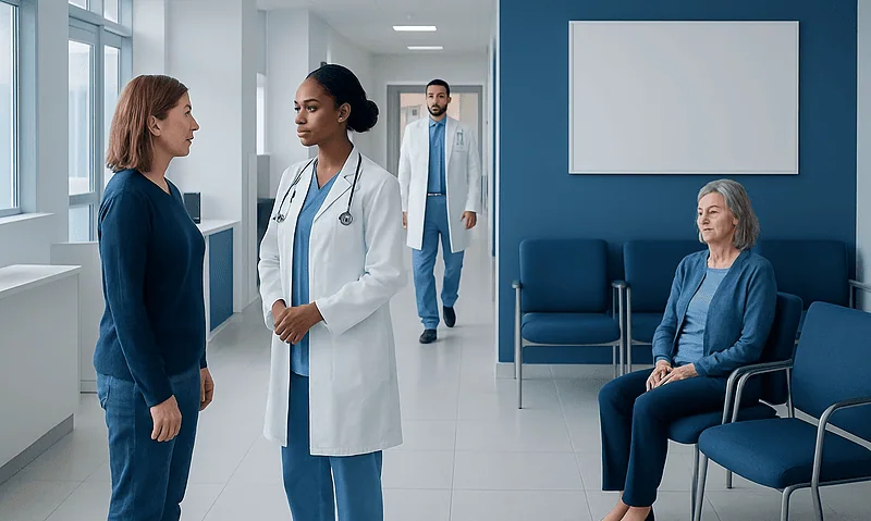 Medical consultation in hospital with doctors and patient in waiting area.